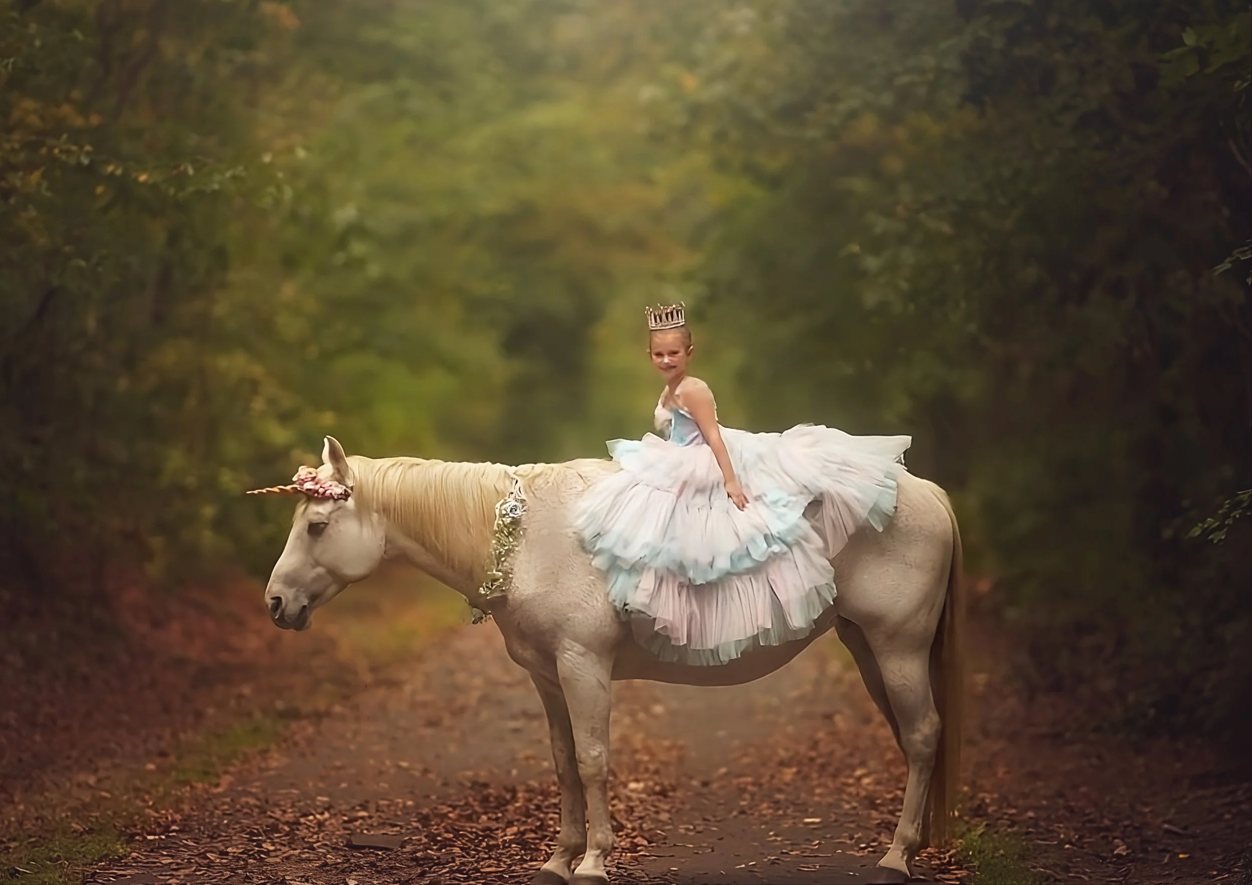 Child riding a unicorn in forest birthday session in New Jersey