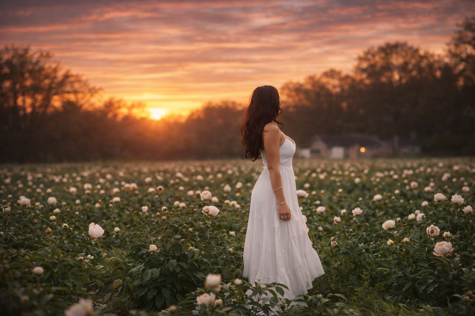 Teen girl in a peony flower field during a fine art portrait session near Philadelphia with soft natural light