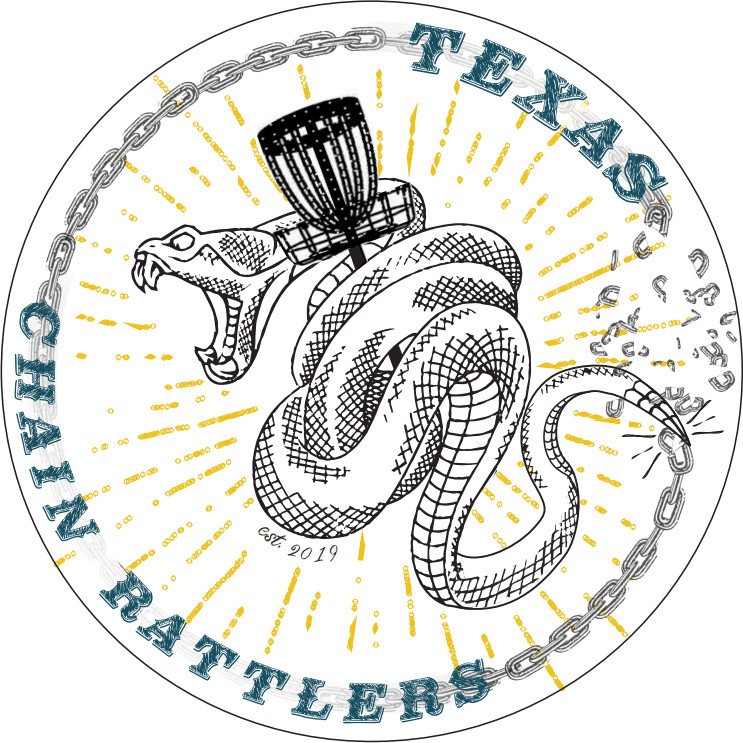 Texas Chain Rattlers logo - a rattlesnake coiled around disc golf basket