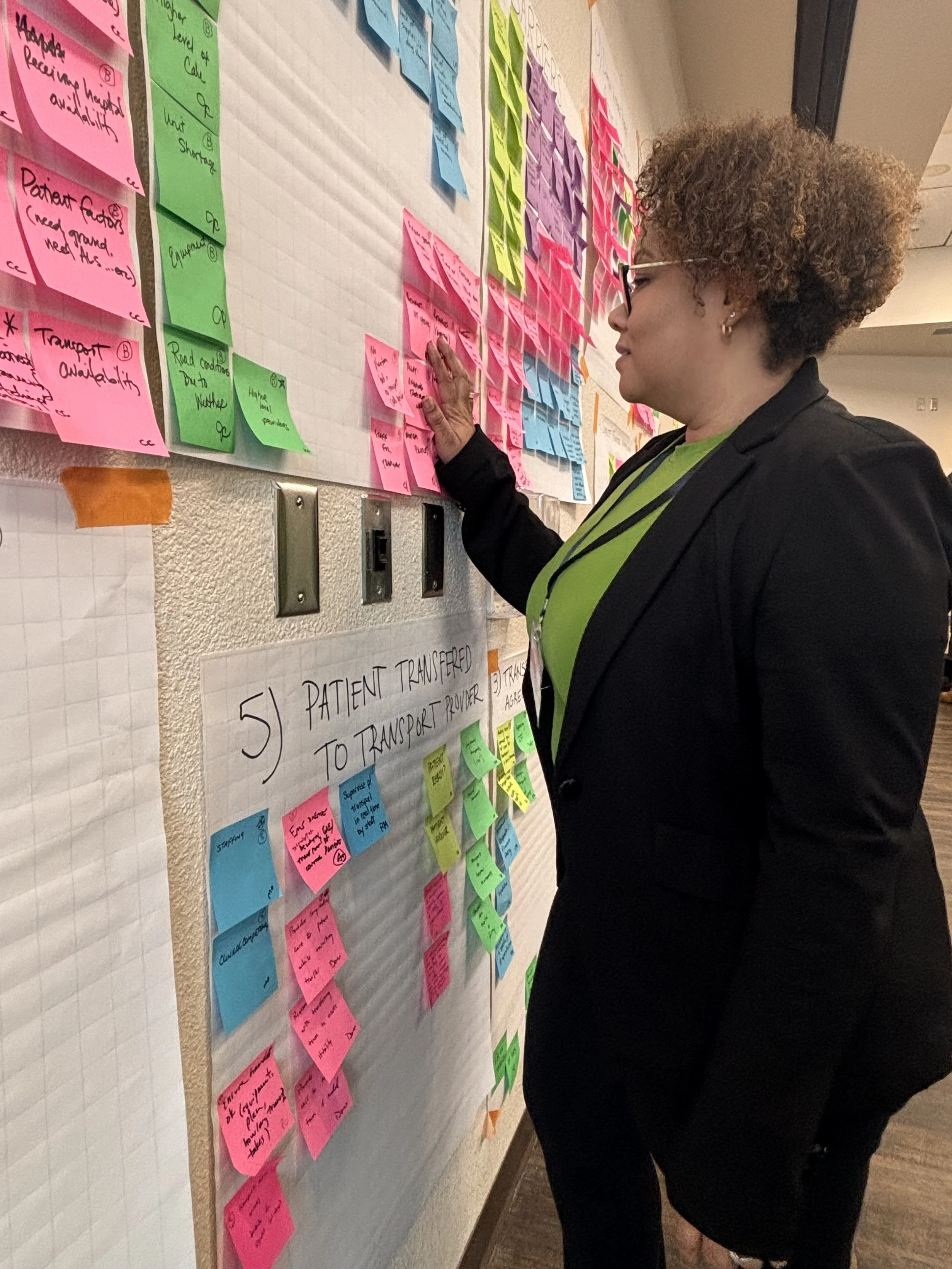 Facilitator reviewing the results of a collaborative ideation session during a workshopFacilitator reviewing a collaborative process map during a workshop