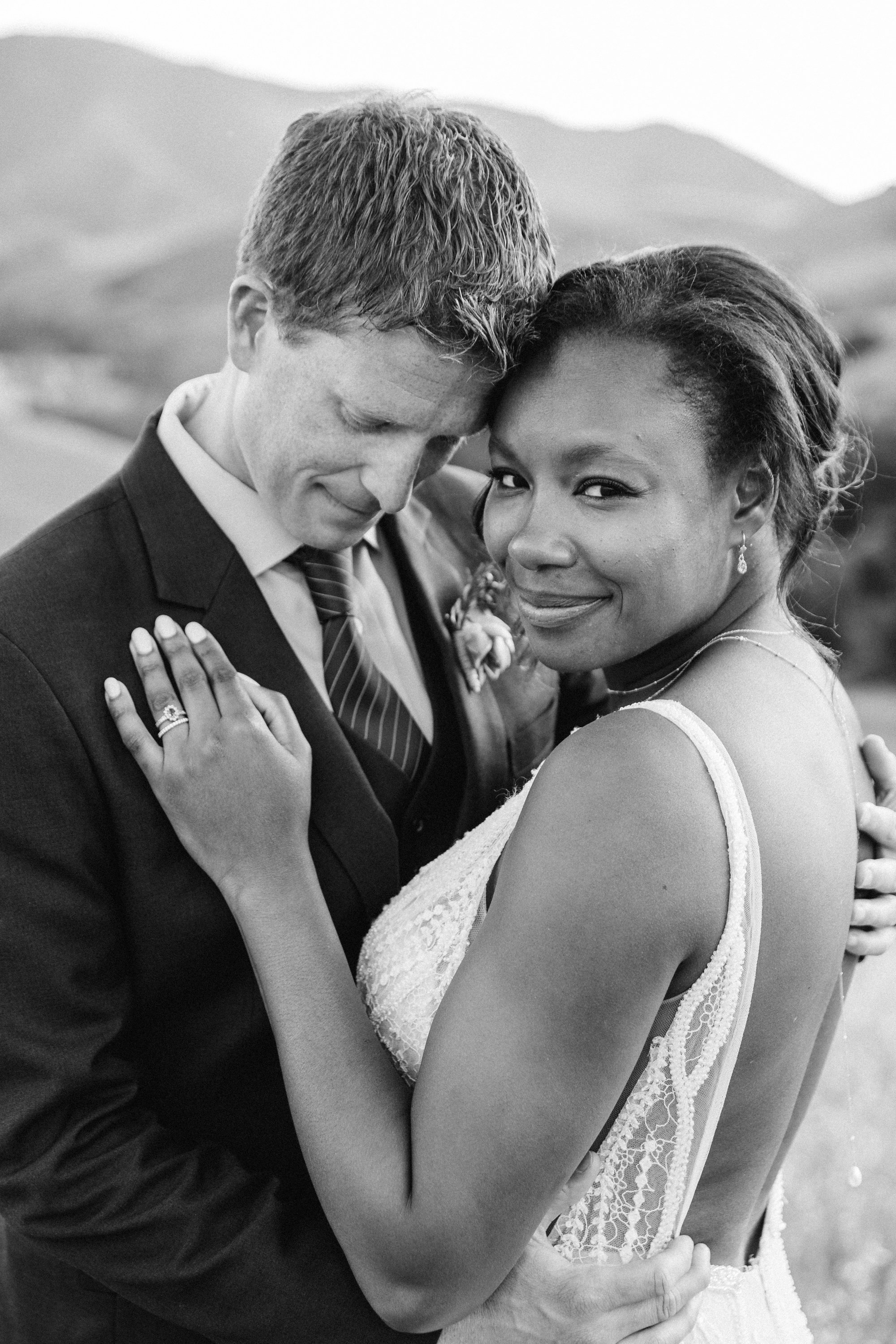 Black and white portrait of bride and groom