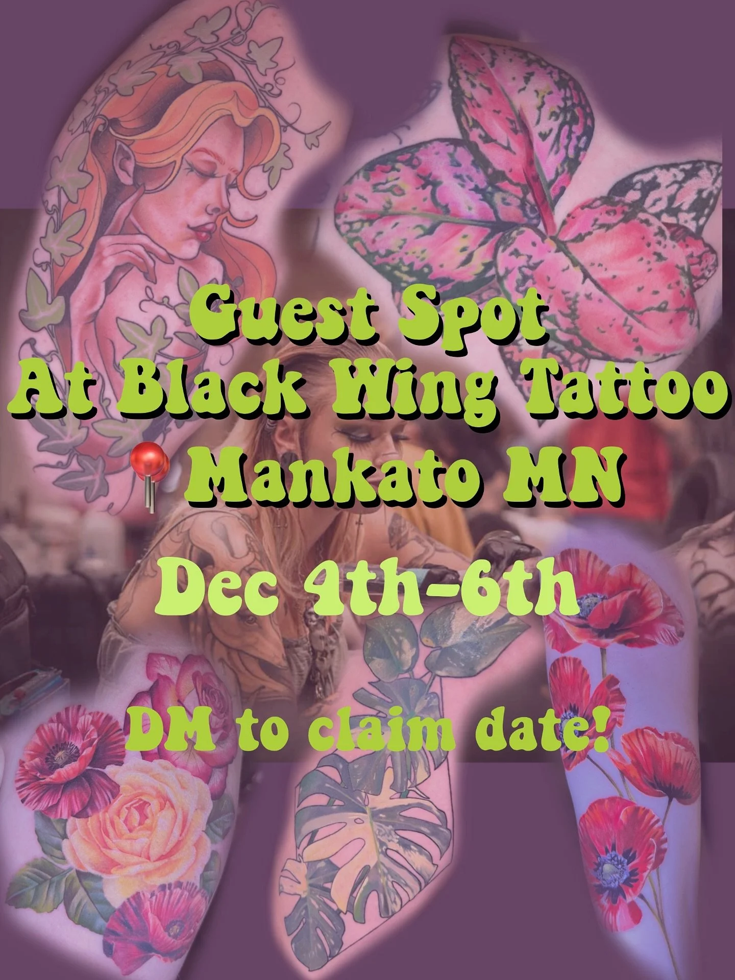 ✨GUEST SPOT✨
At @blackwingmankato in Mankato MN
Dec 4th-6th!
Looking to do some flash and or realism floral/neotrad work.
The amazing @robfostertattoo is hosting me in his shop and I cannot wait to meet the team and be in Mankato for a weekend.
DM