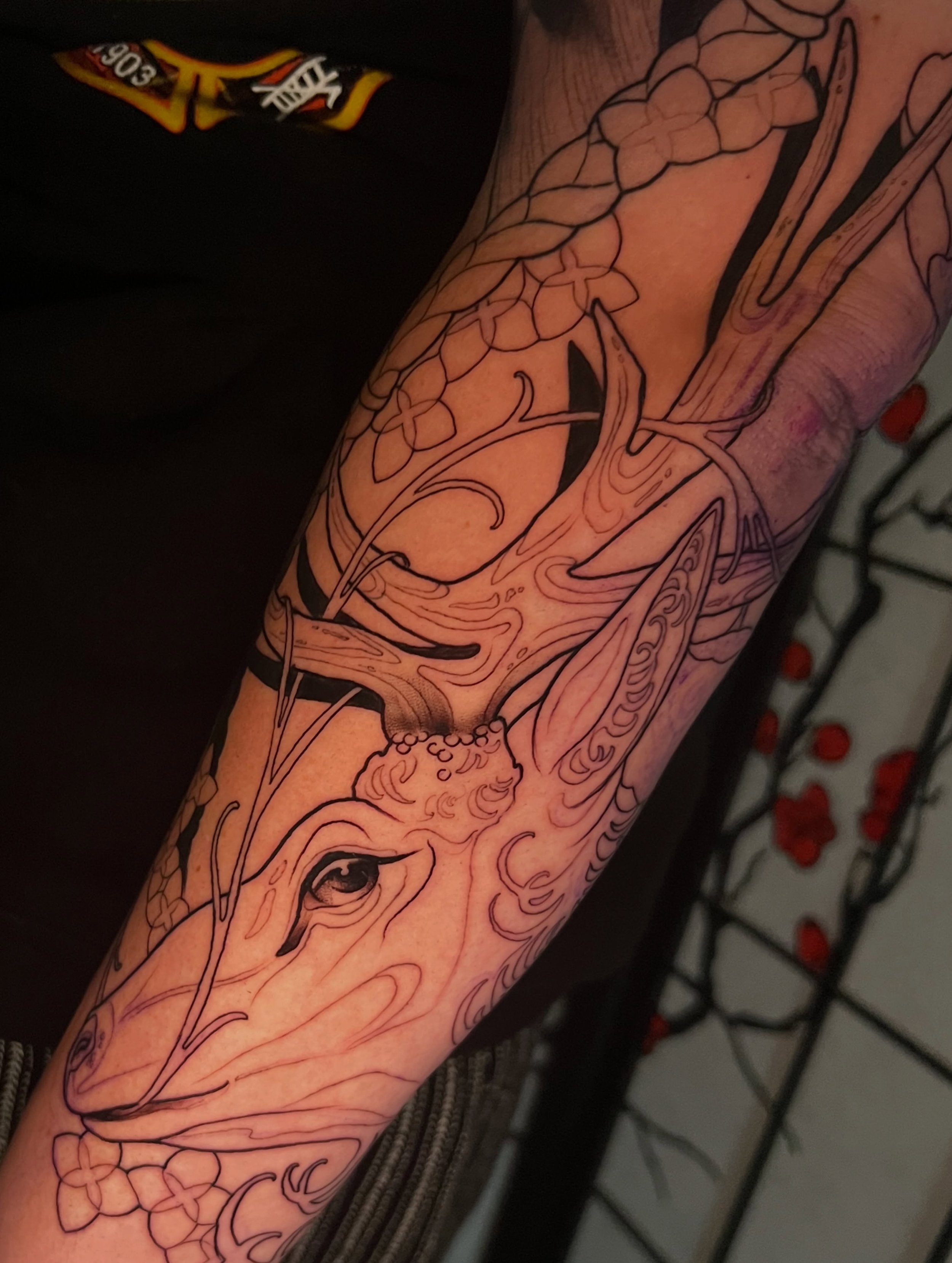Forest Goddess sleeve continued for Amber today! 
I&rsquo;d love to give more folks a bunch of critters and creatures🥳
-
#elktattoo #goddesstattoo #beartattoo #mntattooartist