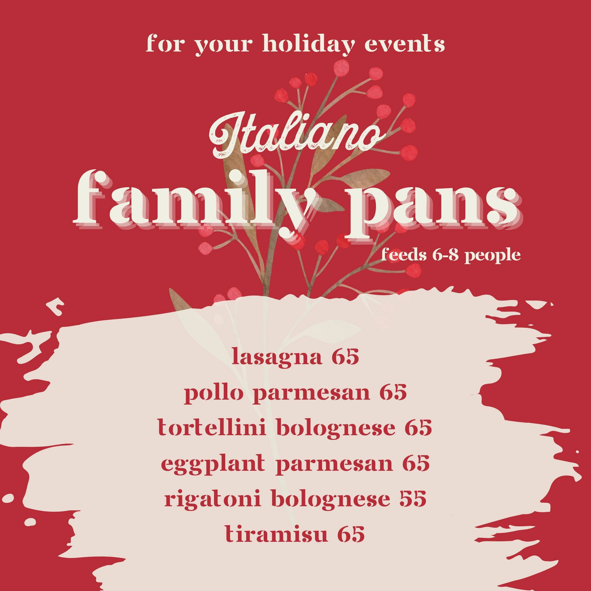 Just in time for your holiday feasts: try our Italiano Family Pans for your upcoming festivities! Each pan serves about 6-8 people. Call (774) 241-0478 to order. Orders require at least a 1-day lead time. As a reminder, we are closed on Thanksgiving.