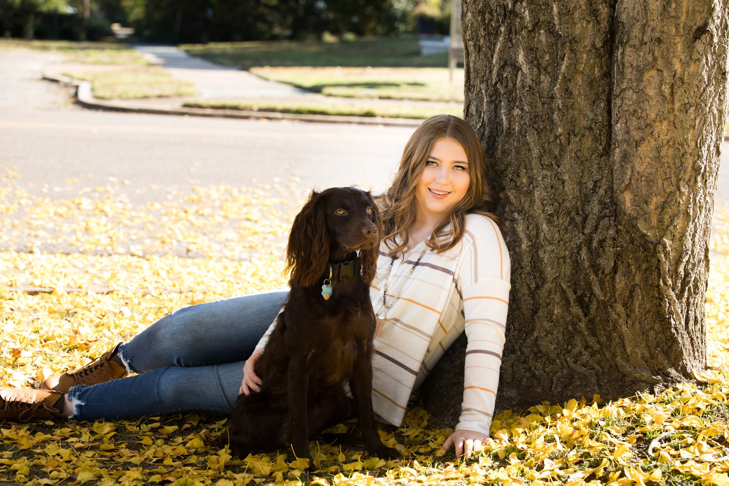 Fall Outdoor Senior Photos Memphis TN Caitlyn with Dog Under Tree