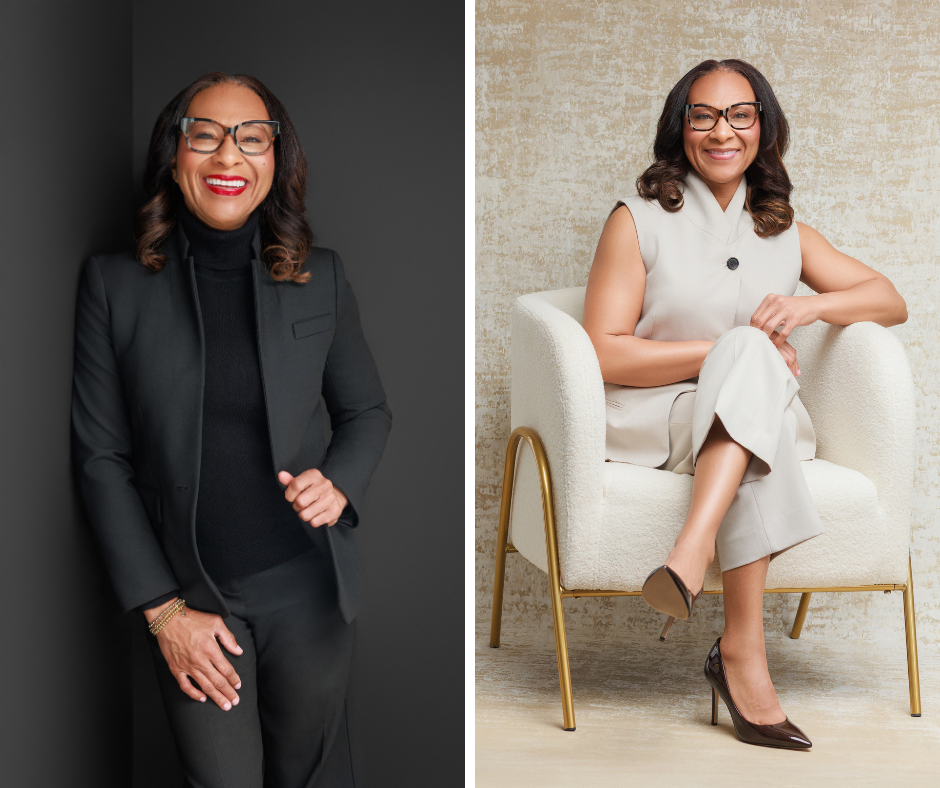 Side by side professional headshots of university professor and doctoral program coordinator in black suit and neutral outfit Memphis photography studio