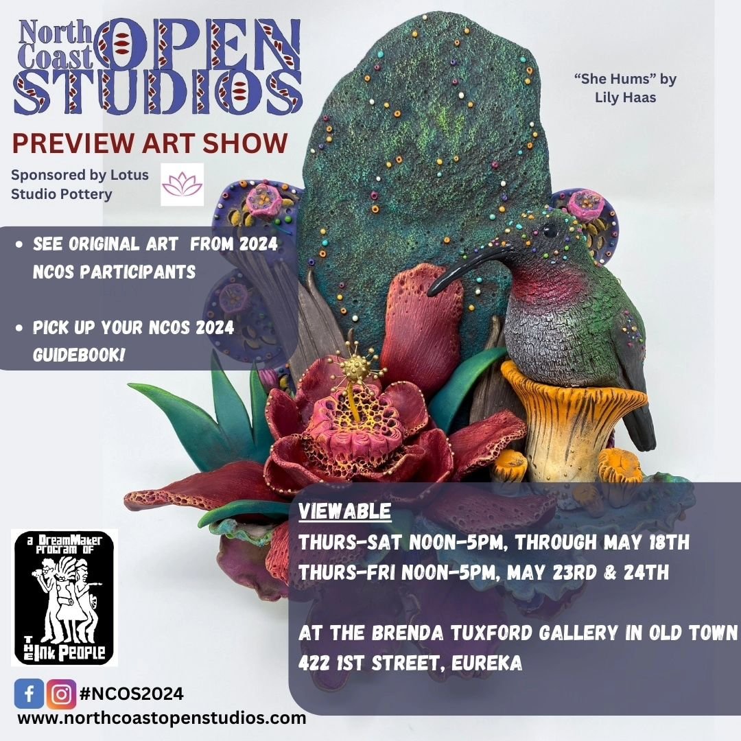 Reminder: This Saturday and next, we'll have special Saturday gallery hours at the Ink People's Brenda Tuxford Gallery (422 1st Street in Old Town Eureka). 

Come see the work of 85 of this year's participating North Coast Open Studios artists, pick 