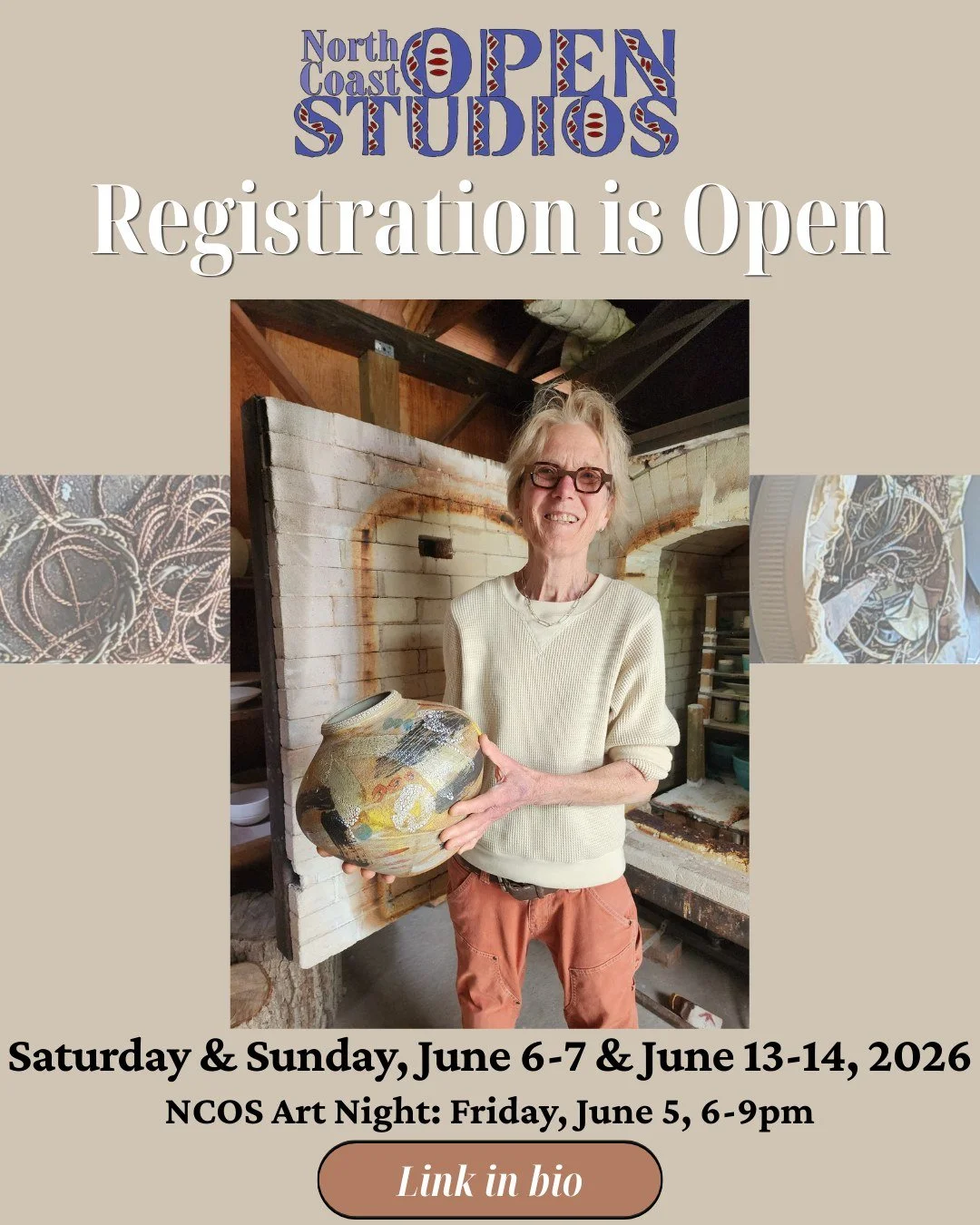 Registration is Open for North Coast Open Studios 2026! Shout out to Arcata ceramic artist Peggy Loudon for being the first to register. 

NCOS 2026 takes place Saturday &amp; Sunday, June 6-7 &amp; June 13-14 from 10am-5pm, with NCOS Kickoff Art Nig