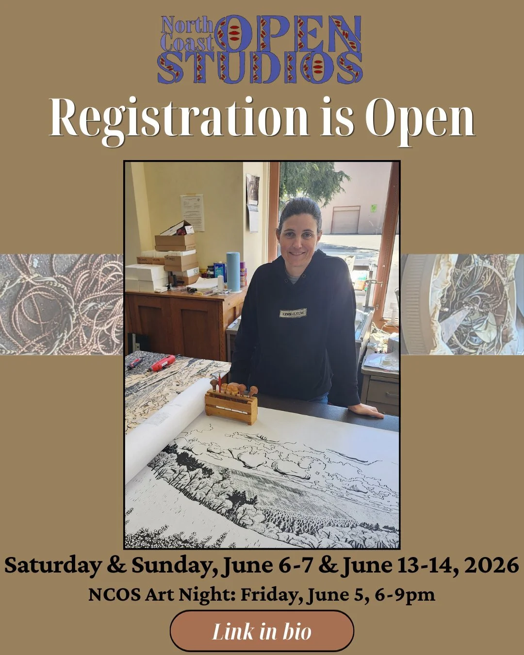 Registration is Open for North Coast Open Studios 2026! Lynn Jones of Lynn-oleum will be open in her new Blue Lake space. 

NCOS 2026 takes place Saturday &amp; Sunday, June 6-7 &amp; June 13-14 from 10am-5pm, with NCOS Kickoff Art Night on Friday, J