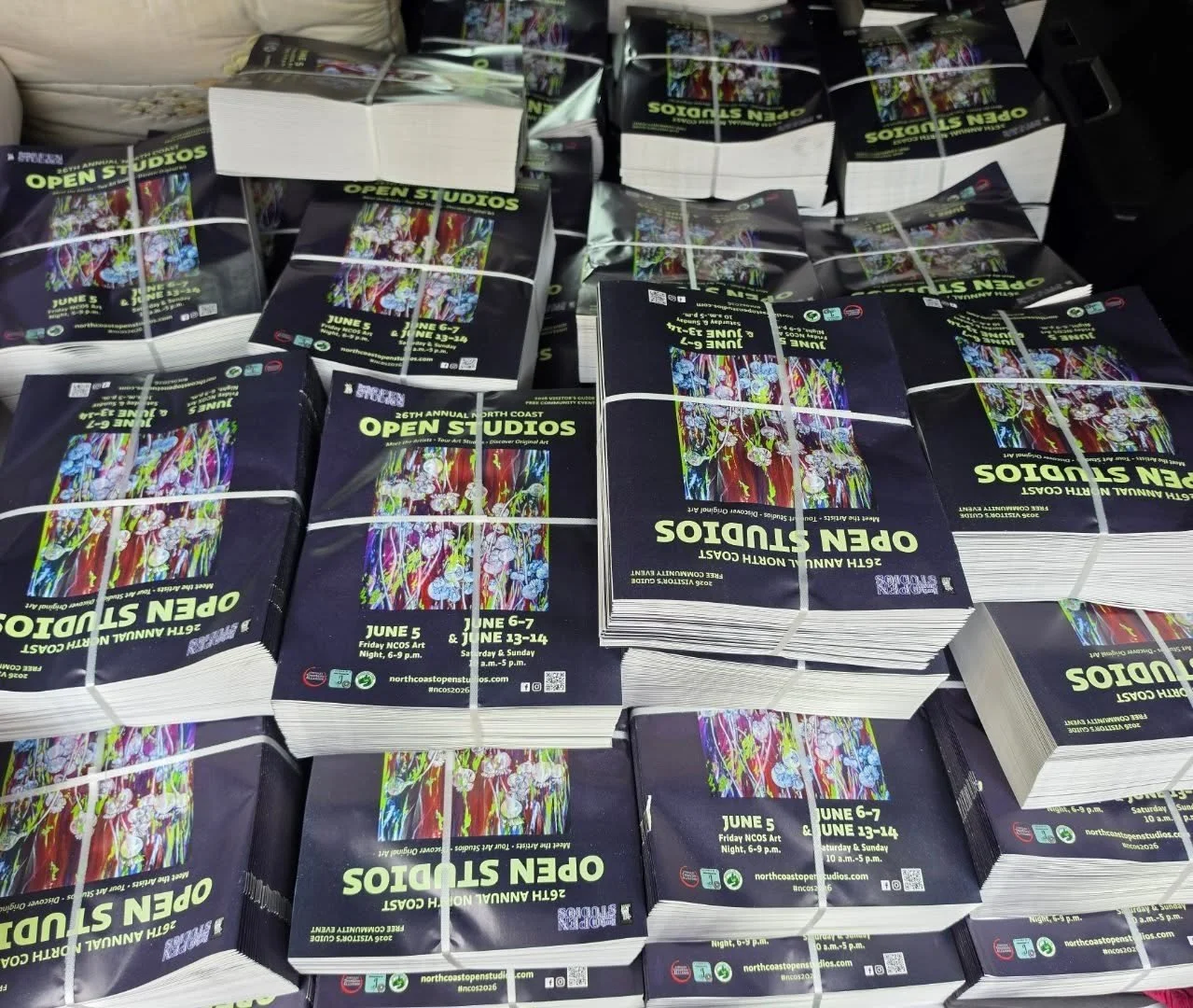 The Open Studios clown car is loaded up with the first batch of 2026 guidebooks! Must be Preview Gallery Show Eve.

Thanks to Guidebook Design Goddess Holly Harvey for getting the publication done in time for print, and to Western Web for making it l
