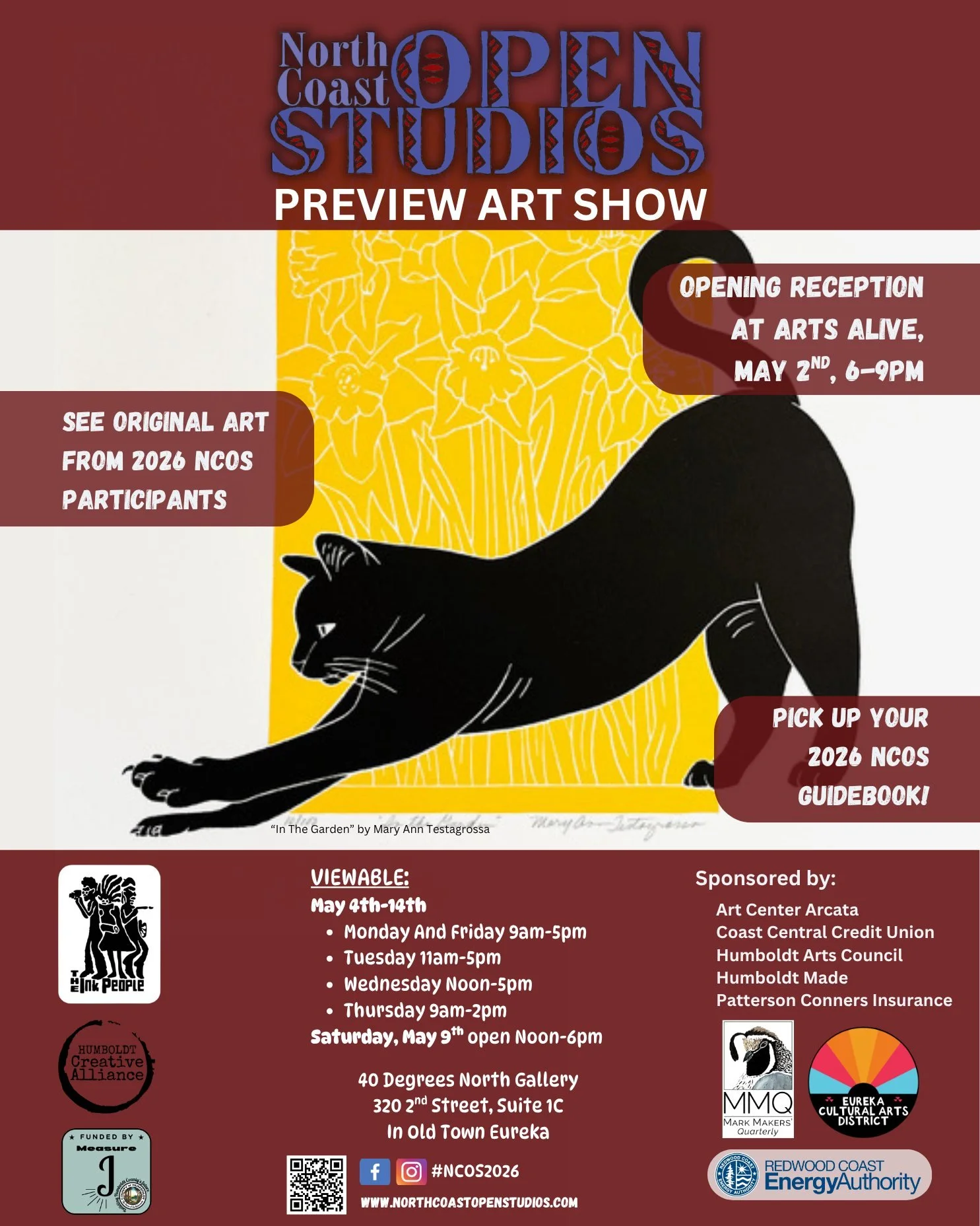 It's Open Studios season! Are you ready? 

Come out to Arts Alive tomorrow evening (Saturday, May 2nd) from 6-9pm to catch the North Coast Open Studios 2026 preview art show at 40 Degrees North Gallery, 320 2nd Street in Old Town Eureka. We've got or