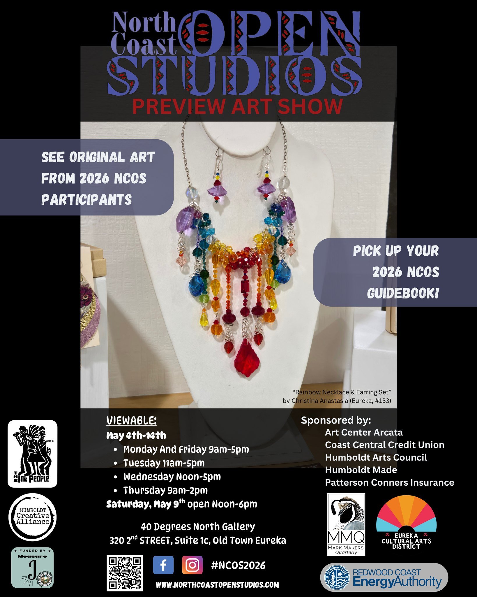 The North Coast Open Studios 2026 Preview Art Show has a few more days open to the public this week: Monday 9am-5pm, Tuesday 11am-5pm, Wednesday Noon-5pm, Thursday 9am-2pm, at 40 Degrees North Gallery (320 2nd St, Suite 1-C, Old Town Eureka).

Pick u