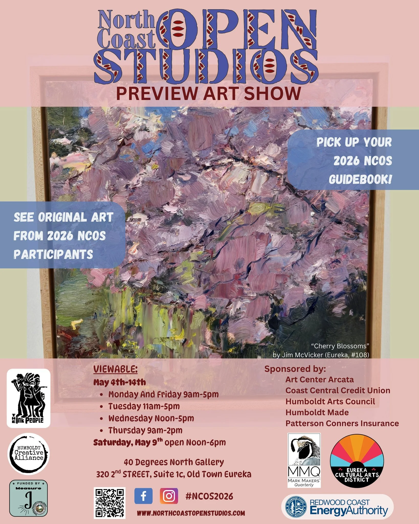 The North Coast Open Studios 2026 Preview Art Show has a few more days open to the public this week: Monday (today) 9am-5pm, Tuesday 11am-5pm, Wednesday Noon-5pm, Thursday 9am-2pm, at 40 Degrees North Gallery (320 2nd St, Suite 1-C, Old Town Eureka).