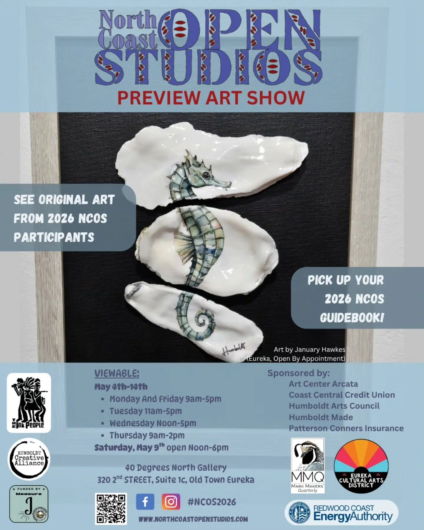 The North Coast Open Studios 2026 Preview Art Show has a few more days open to the public this week: Tuesday (today) 11am-5pm, Wednesday Noon-5pm, Thursday 9am-2pm, at 40 Degrees North Gallery (320 2nd St, Suite 1-C, Old Town Eureka).

Pick up your 2