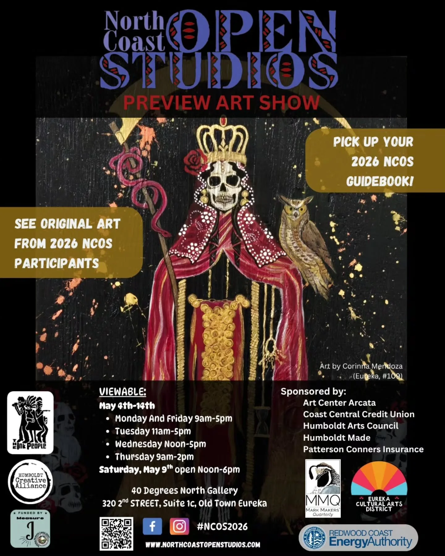 The North Coast Open Studios 2026 Preview Art Show is down to its final two days: Wednesday (today) Noon-5pm, Thursday 9am-2pm, at 40 Degrees North Gallery (320 2nd St, Suite 1-C, Old Town Eureka).

Pick up your 2026 guidebook and start marking artis