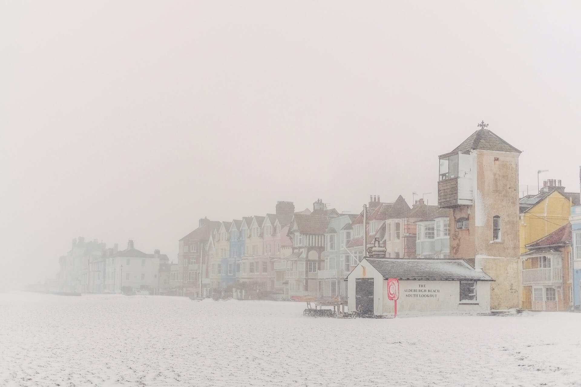 Landscape image of the Beach South Lookout in Aldeburgh during snow