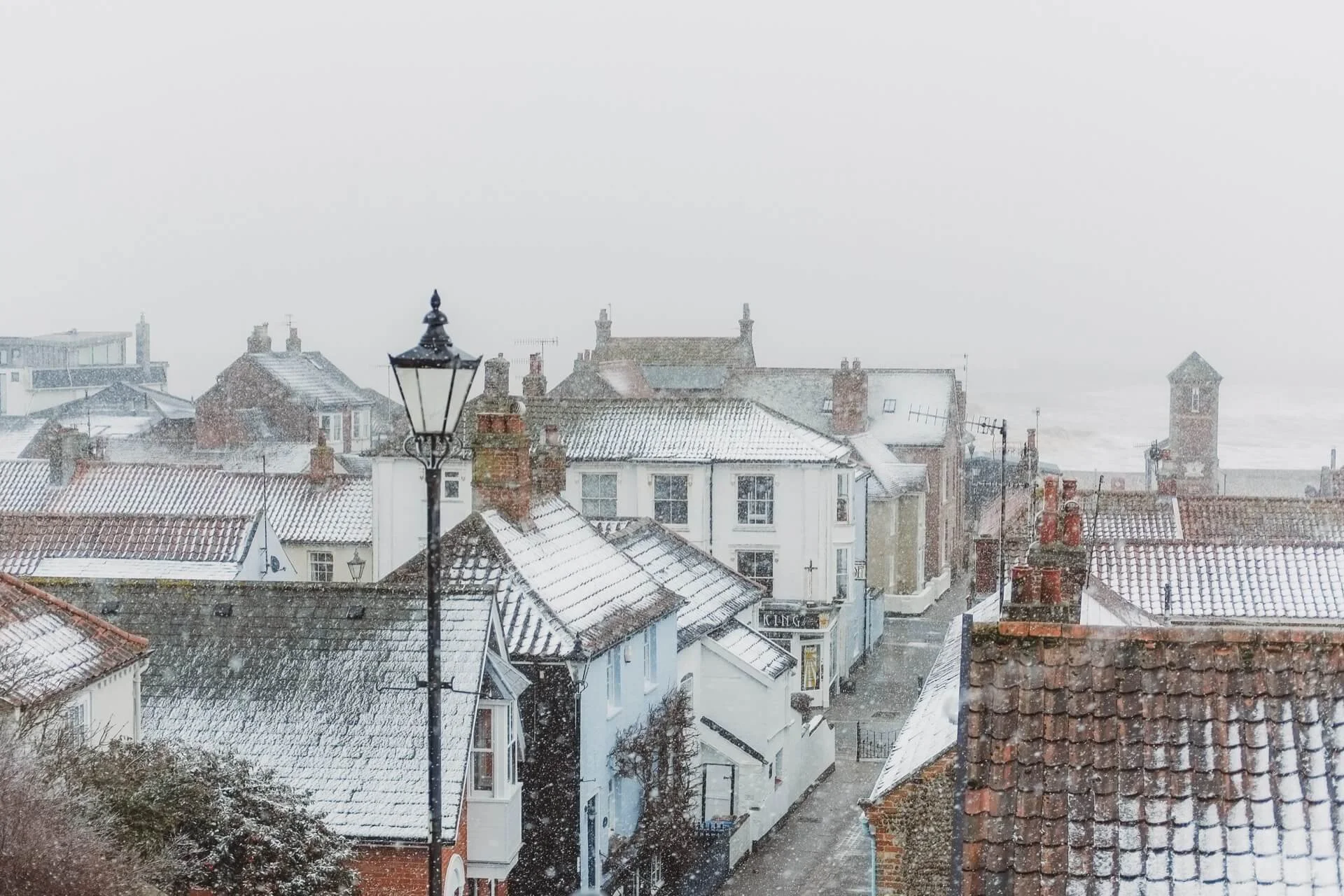 View from the top of Aldeburgh town steps in the snow