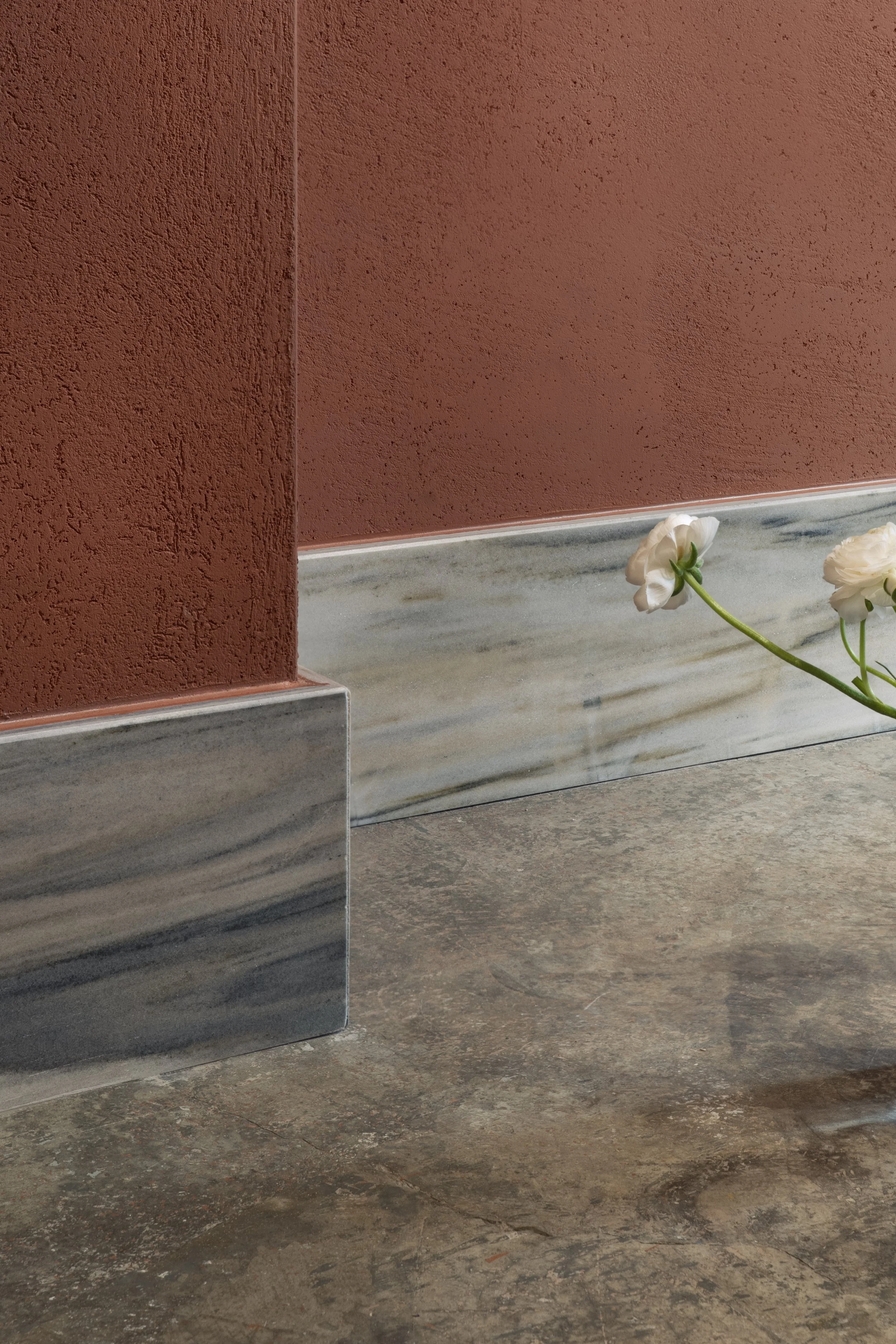 Fotografia di Valentina Buonanno per Spazio Neutro a Napoli: dettaglio di parete terracotta e battiscopa in marmo.
