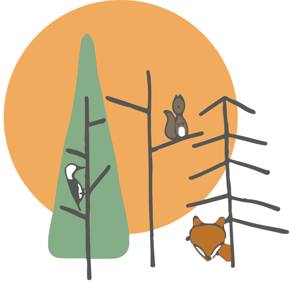 Drawing of a squirrel and a bird perched on trees and a building with an orange background.