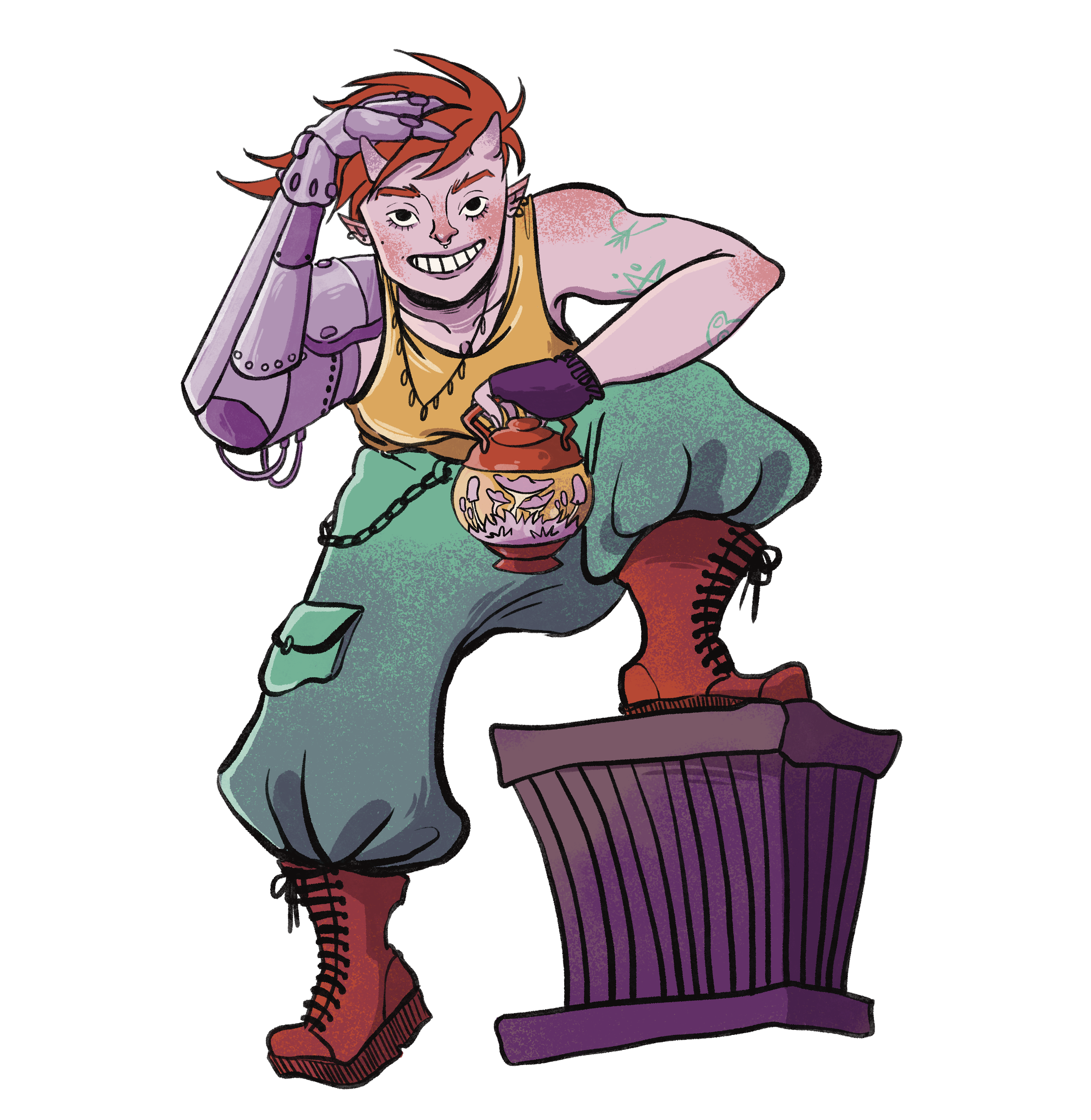 Character design for MCM Comic Con. A butch adventurer with a prosthetic robot arm, leaning on a crate, holding a lantern.