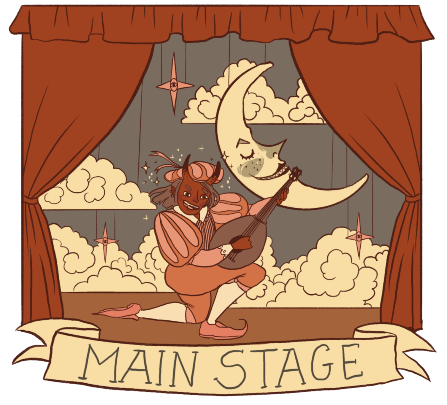 Comic con main stage illustration. Big stage, moon and clouds set design. A fantasy bard kneeling and playing a mandola. He is a red tiefling with horns and a wide smile.