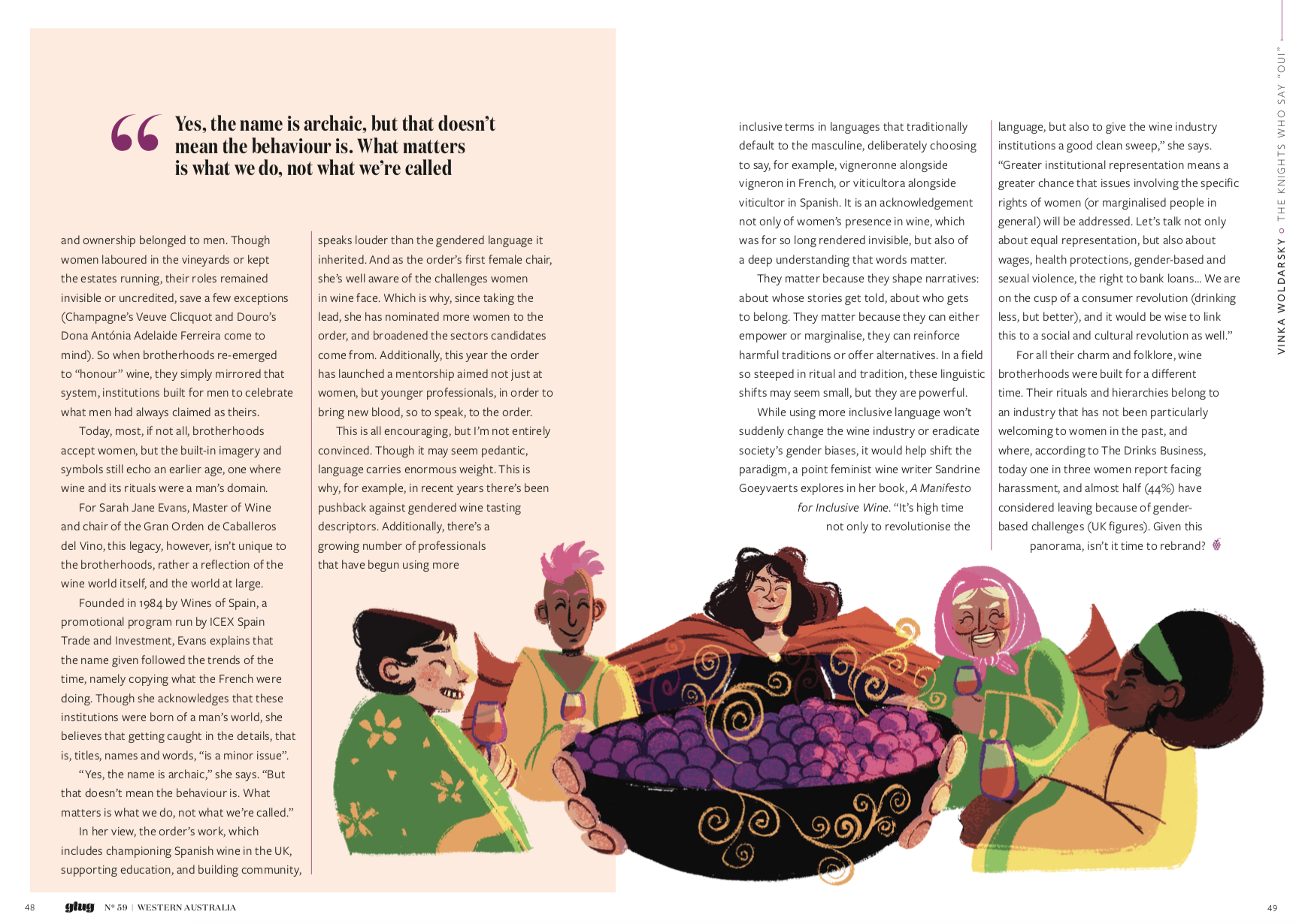 Editorial spread of Glug magazine published by Wine 52. Article about Wine Knight Brotherhoods, how can we make them inclusive. Colourful illustration of a community by Kamila Krol.