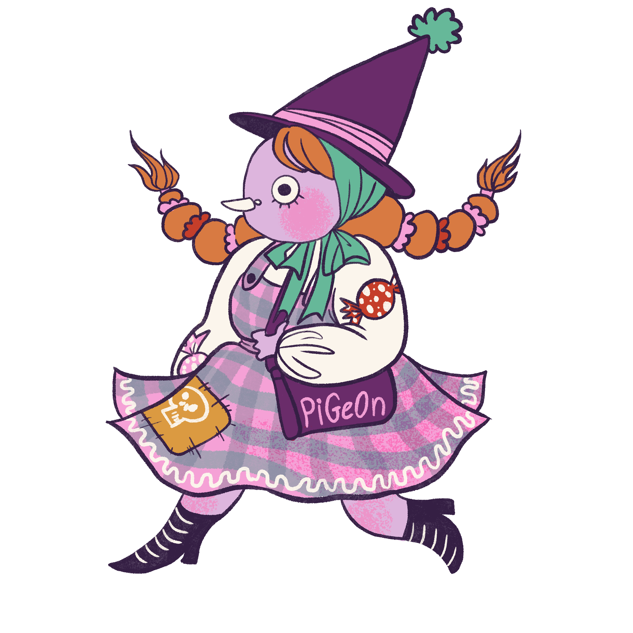 Digital cartoon drawing of a pigeon witch, cottagecore lilac dress and pointy hat, cute pigeon vibes