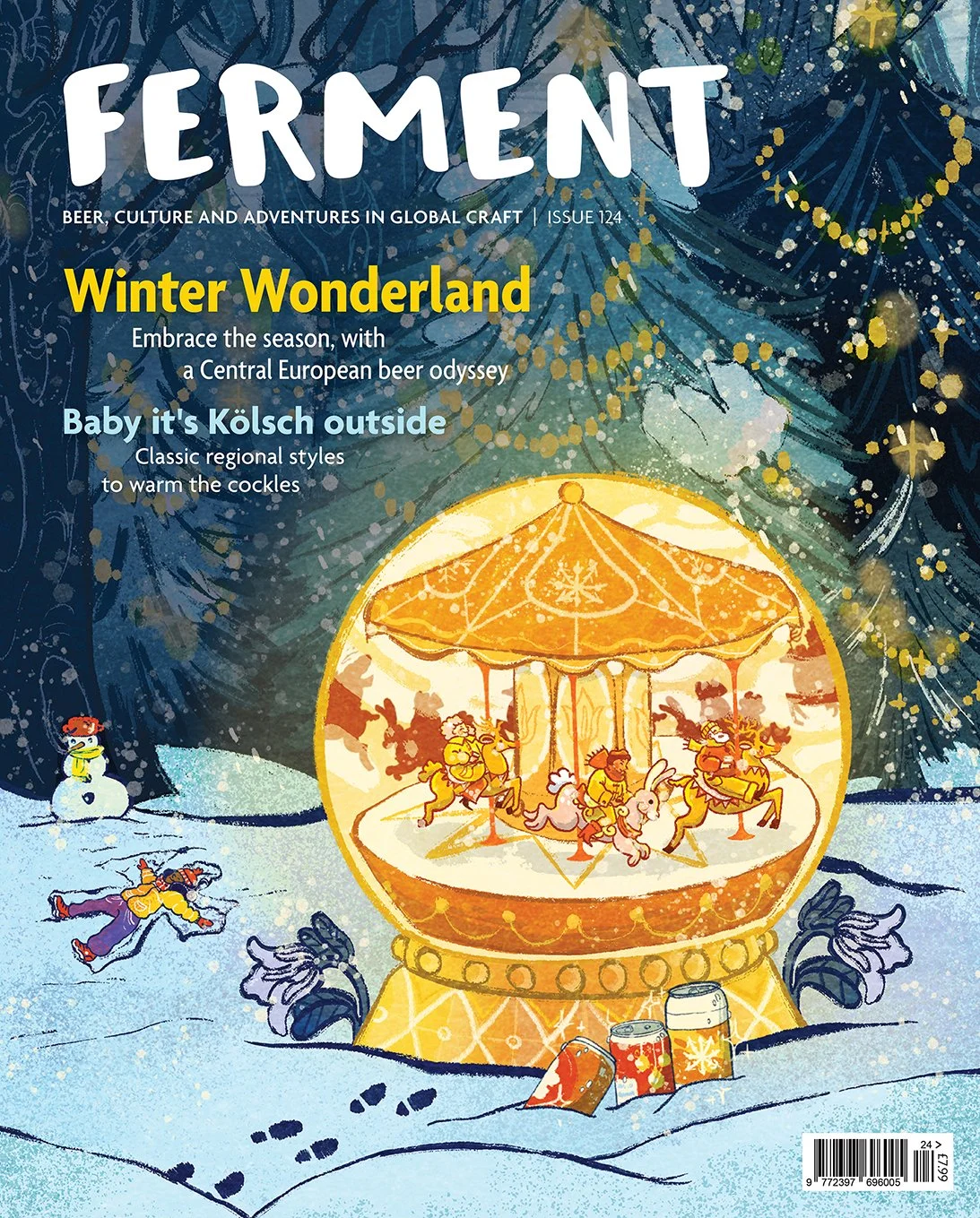 Cover art for winter issue of Ferment magazine published by Beer52. A golden snow globe with a merry go round inside is placed among the lush snowy landscape.
