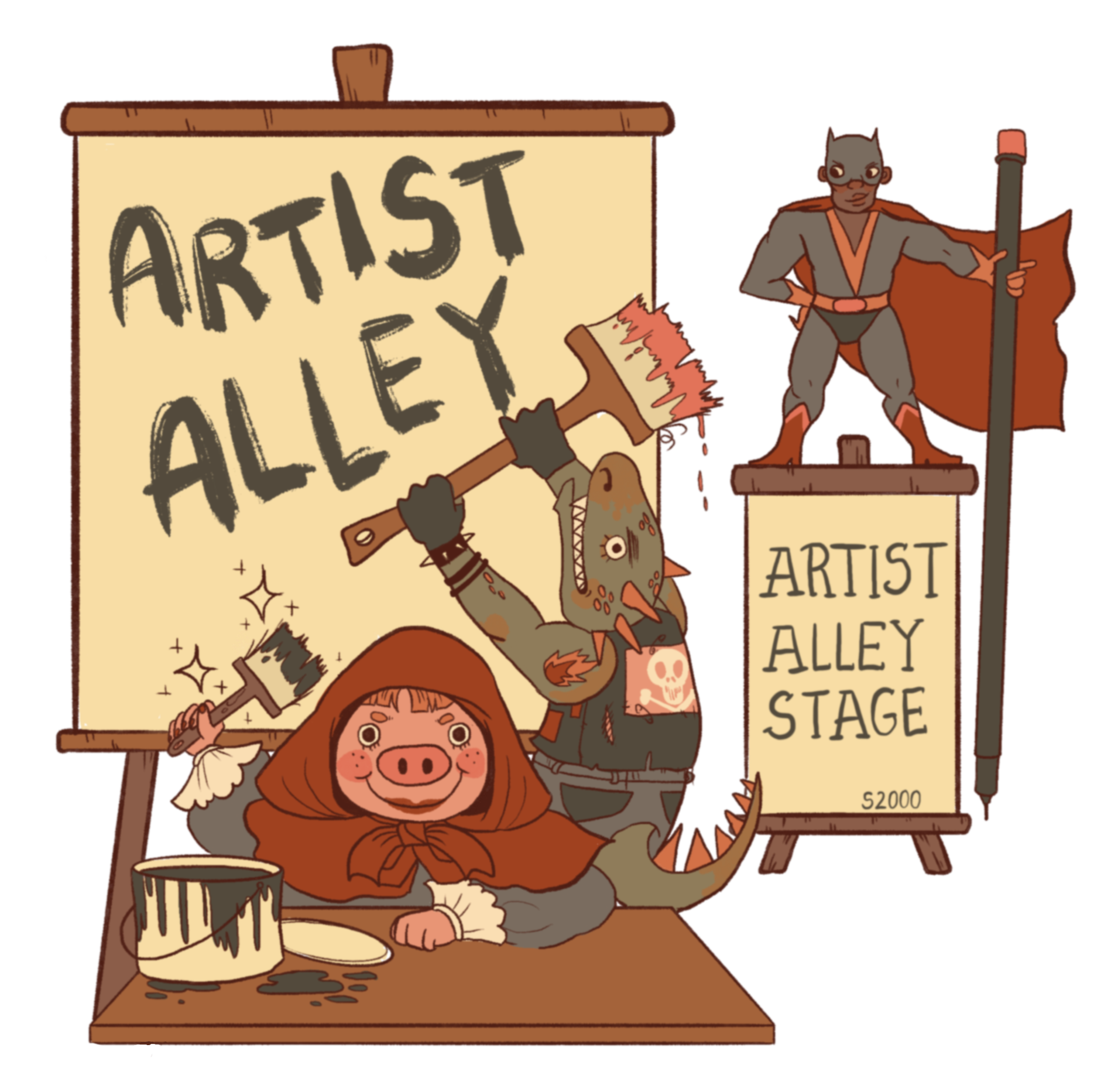 Comic Con Artist Alley art by Pigeon. Two cheeky creatures are painting text on a giant easel.