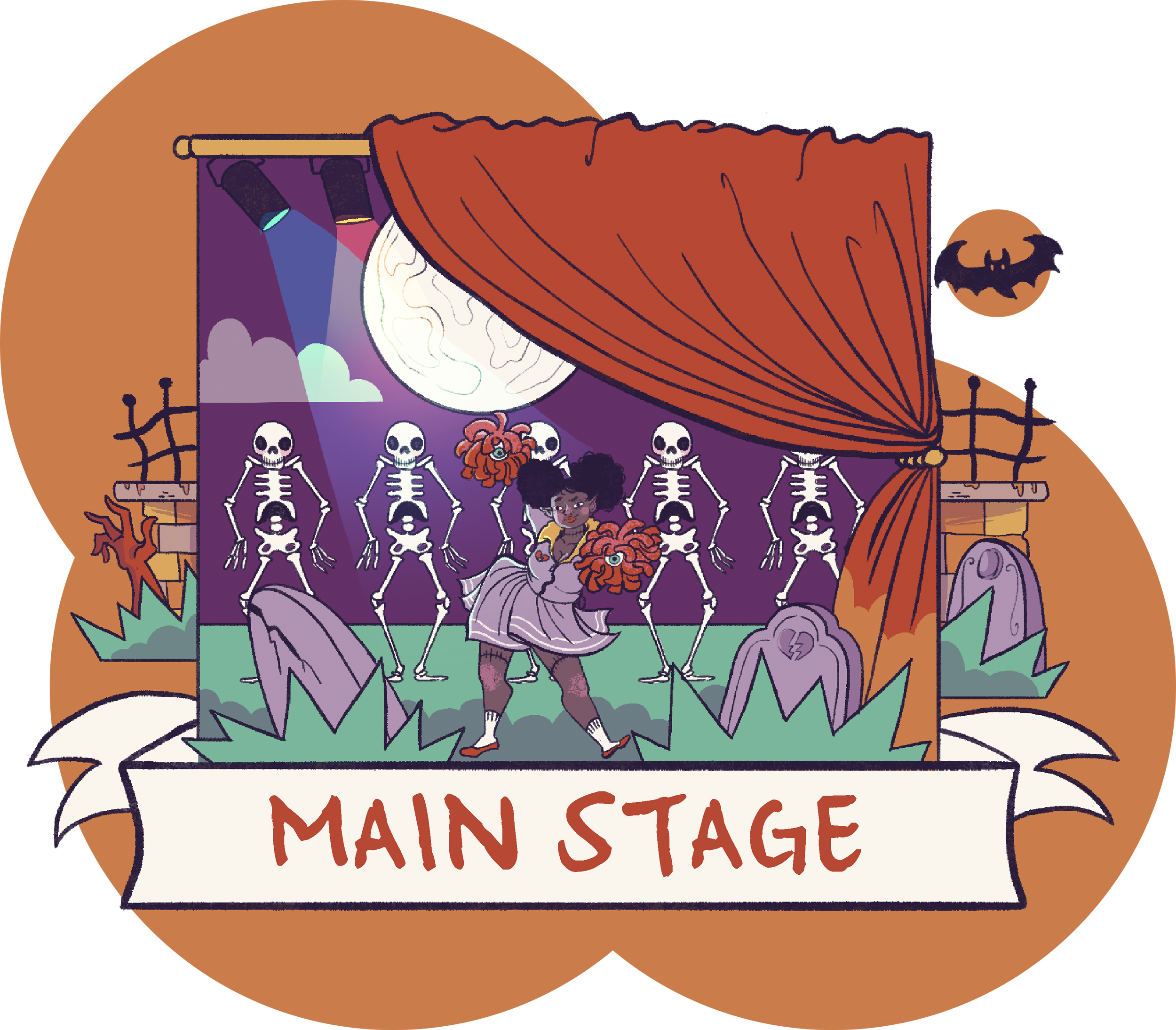 MCM Comic Con Main Stage. Digital illustration. Retro Halloween, spooky cemetery set design on a stage. A zombie cheerleader with afro hair is dancing in front. A row of skeletons are dancing behind her. Full moon.