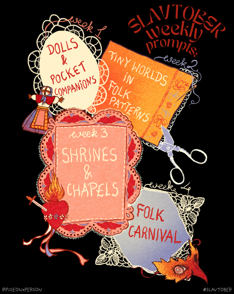 Slavtober art challenge hosted by Pigeon. Illustration on black background. Text: Slavtober weekly prompts. Four lace handkerchiefs laid out. Among them are items: small rag doll, silver scissors, a flaming heart pierced by a dagger and a mask.