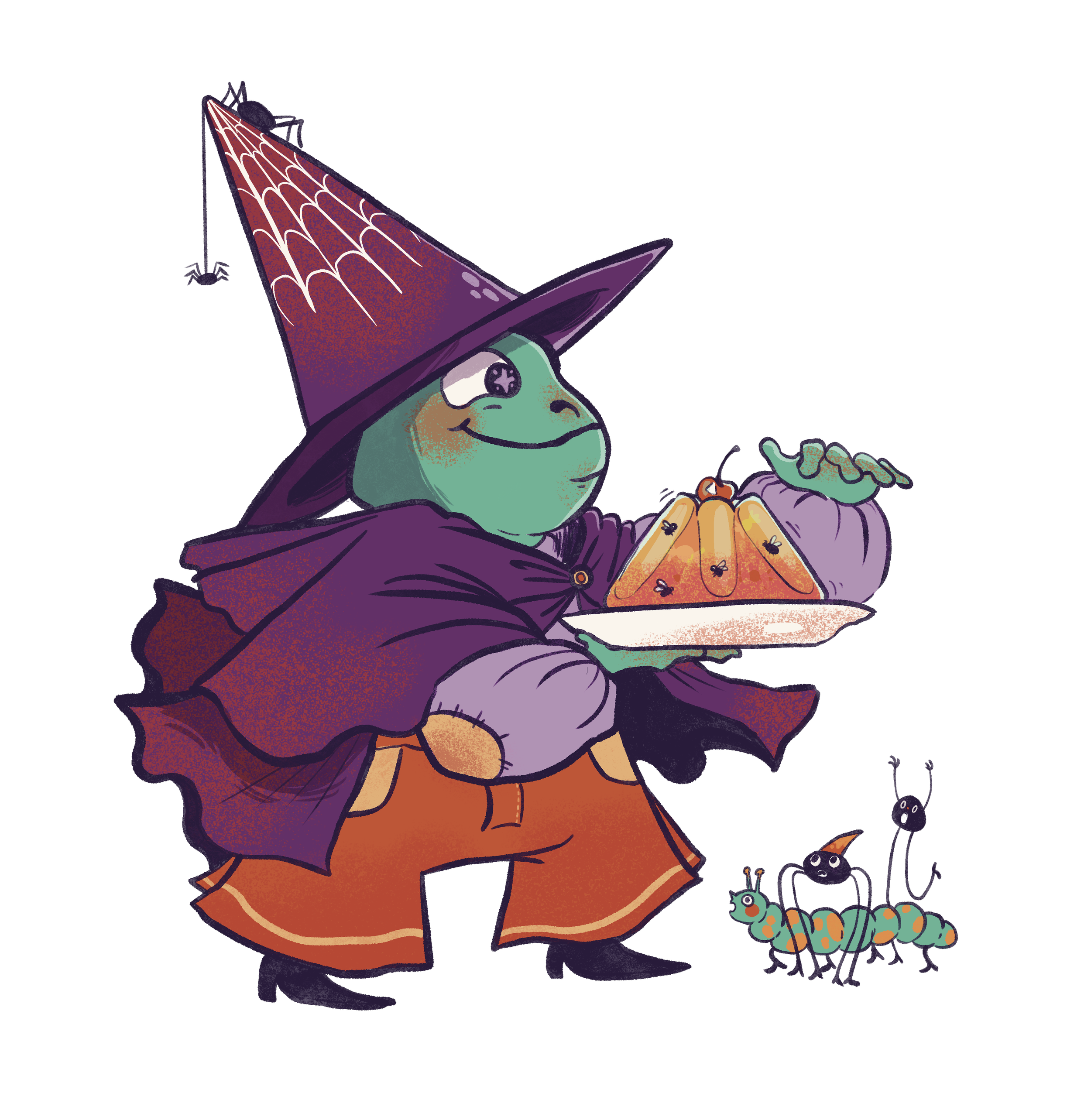 Digital doodle for MCM Comic Con. Cute frog wizard wearing a cape, a pointy har and carrying a plate with orange jelly.