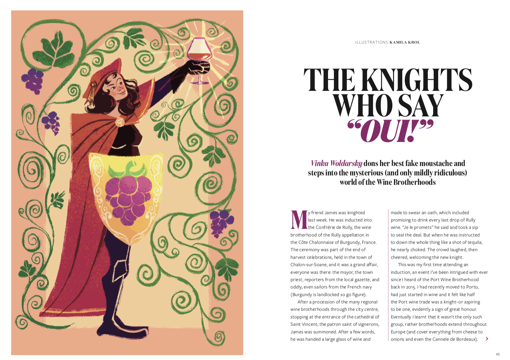 Editorial spread for Glug magazine. Article about Wine Knight Brotherhoods with illustration by Kamila Krol
