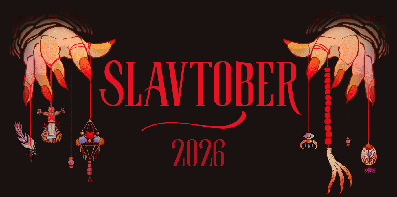Slavtober art challenge hosted by Pigeon. Banner art on black background. Two hands with red claws with red thread dangling from each finger. At the end of each thread is a small magical object.