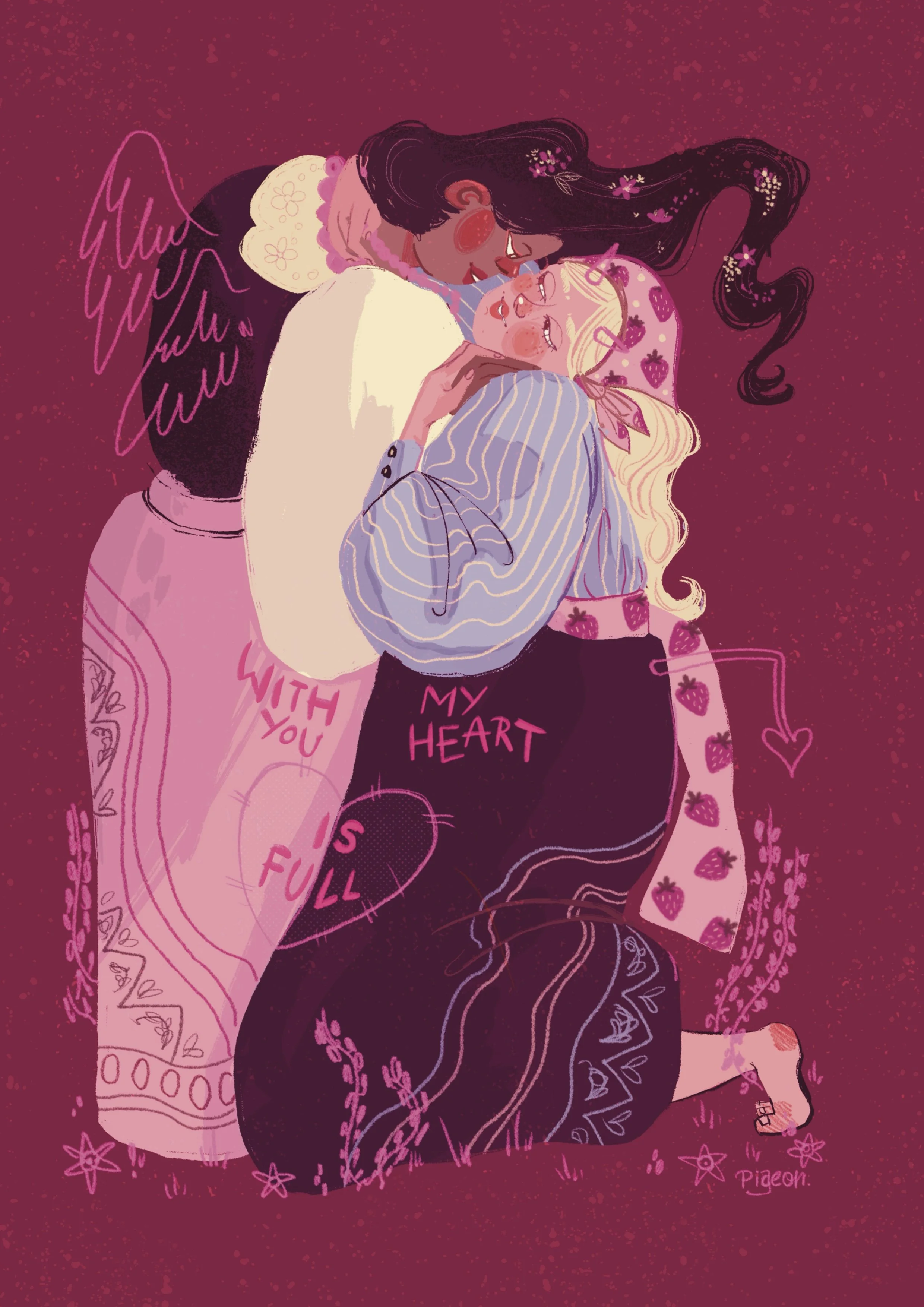 Classical painting Kiss by Gustav Klimt re imagined as a queer folklore painting featuring two Slavic women in love.