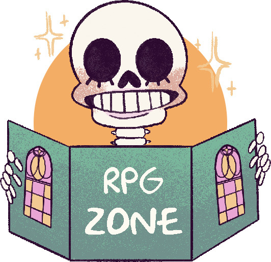 Illustration for the RPG zone. A skeleton with a wide happy smile is peeking from behind a DM screen.