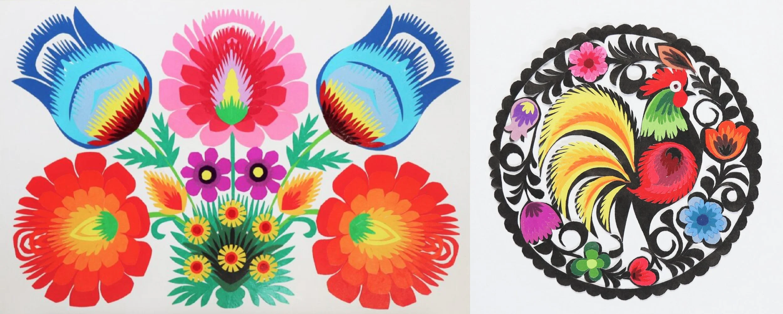 Two images showing a detailed papercut design in colour, made by hand in Poland.