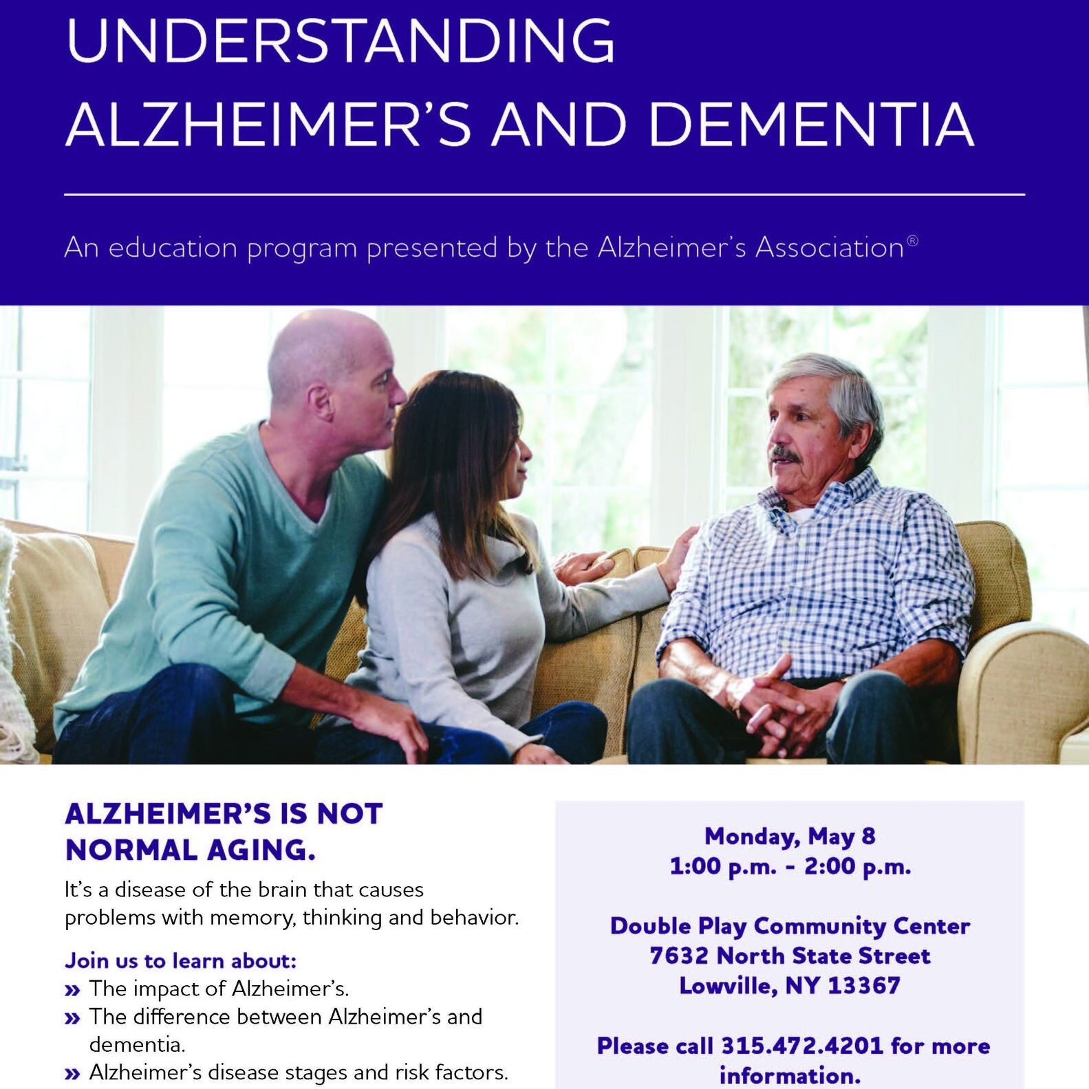 May 8th at the Double Play Senior Center, get information, resources and support with this free talk; Understanding Alzheimer's and Dementia.  Register for free online.  Link in profile.

#doubleplaycc @doubleplaycommunitycenter #alzheimers #dementia