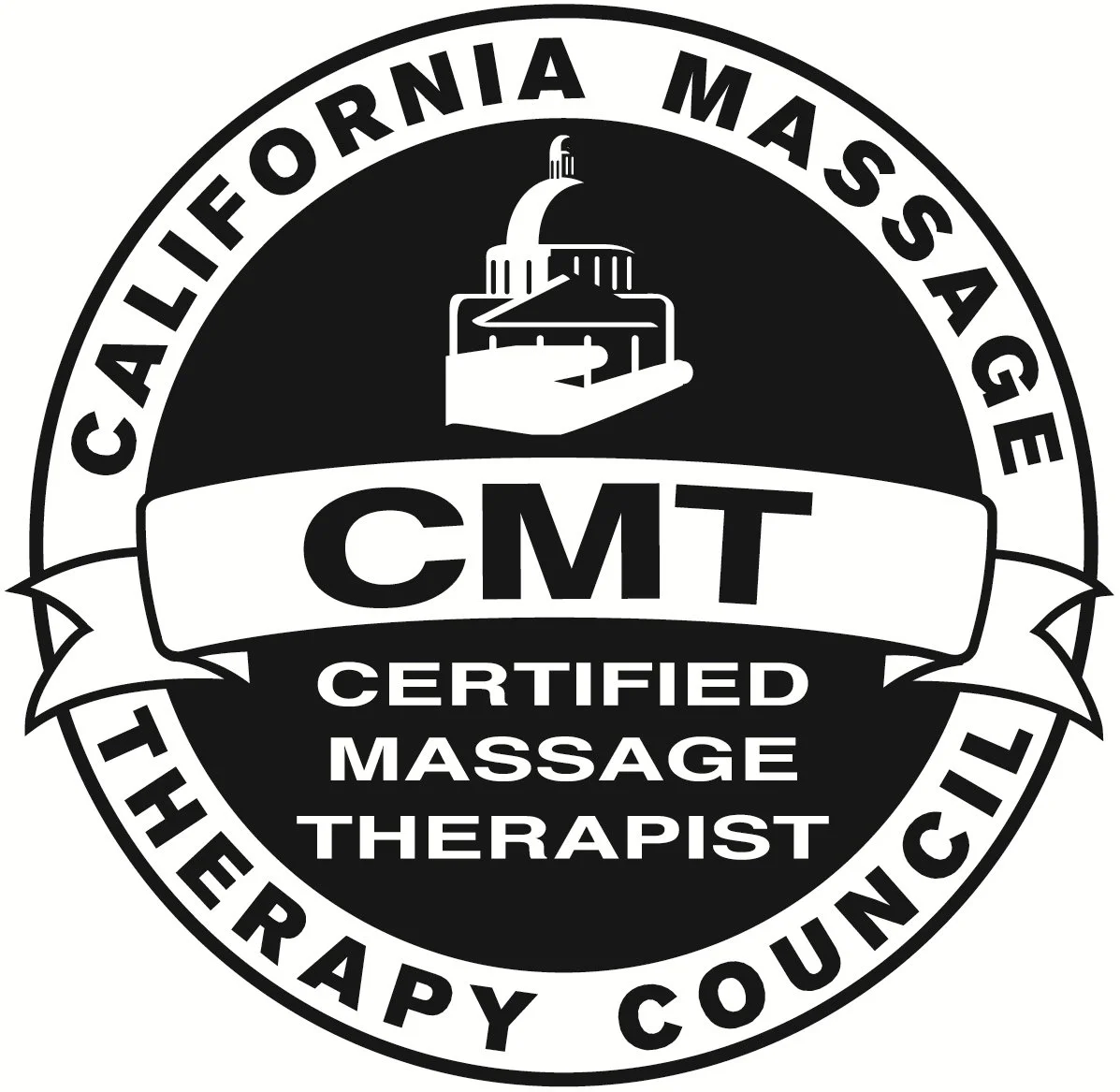 Black and white emblem for California Massage Therapy Certification, featuring a lighthouse and a hand, with the words 'CMT Certified Massage Therapist' and 'Therapy Council'
