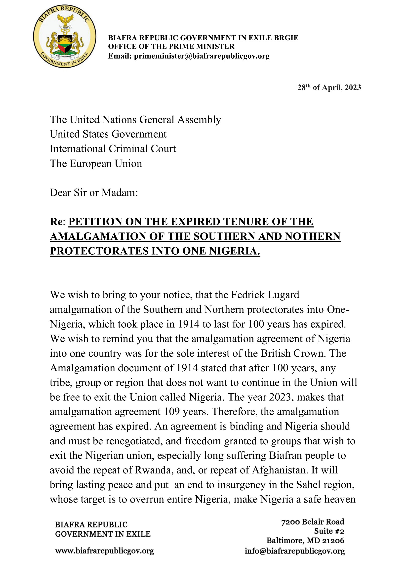 Prime Minister Letter to UN