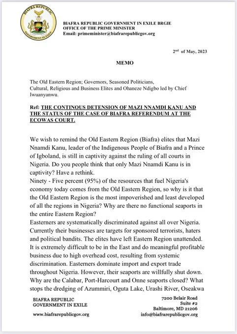 Prime Minister Letter to Old Eastern Region Elites