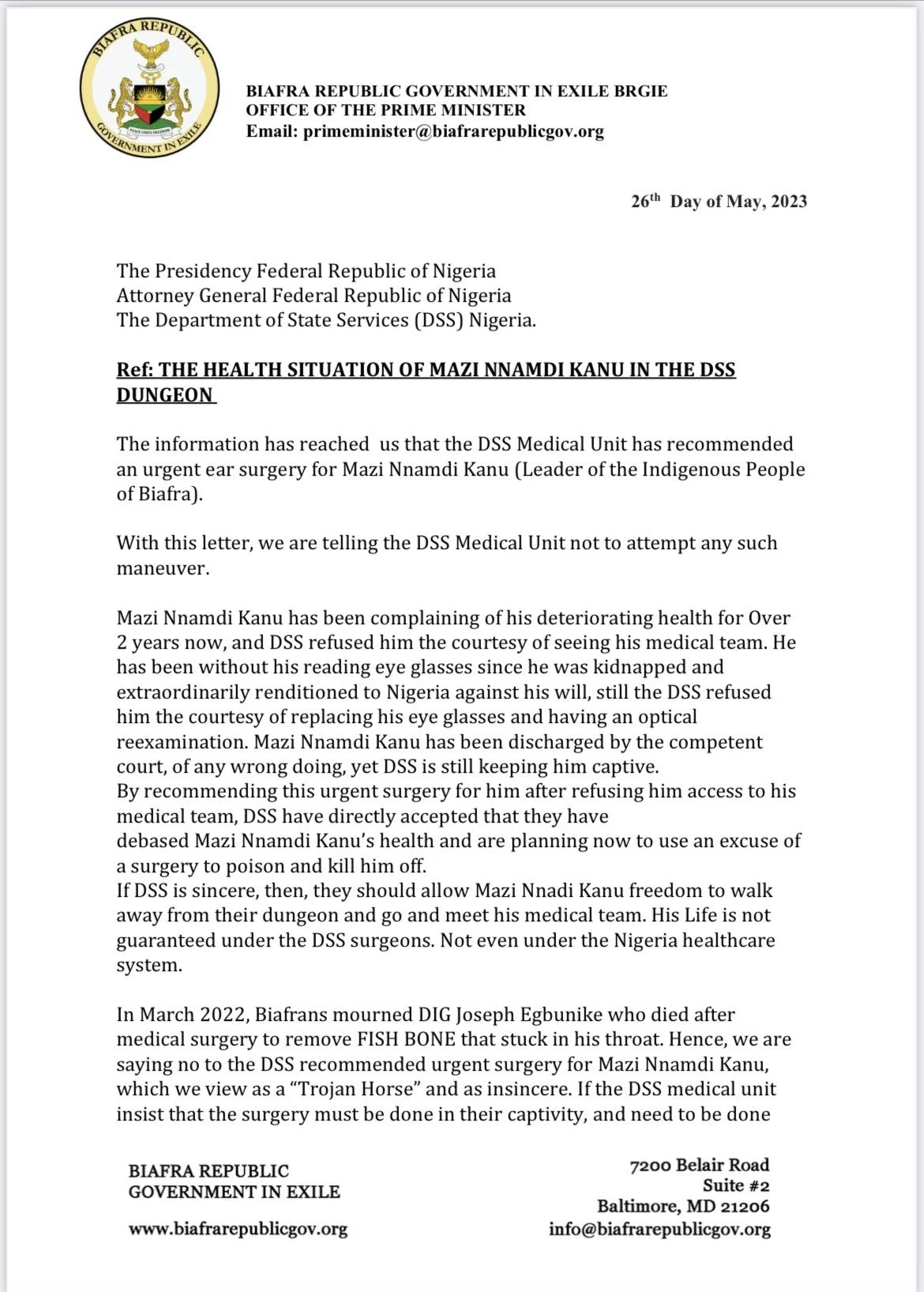 The Health Situation of Mazi Nnamdi Kanu in the DSS Dungeon 