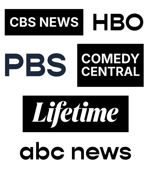 Logos of CBS News, HBO, PBS, Comedy Central, Lifetime, and ABC News displayed in black and white.