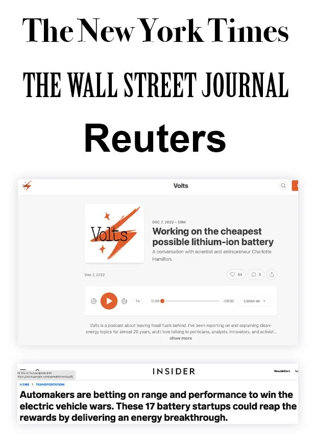 Image collage with headlines from The New York Times, The Wall Street Journal, and Reuters, including articles about lithium-ion batteries, battery startups, and electric vehicle technology.