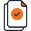 papers with orange circle and navy blue checkmark over it icon