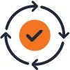 arrows going around in a circle with a orange circle in the center with a checkmark