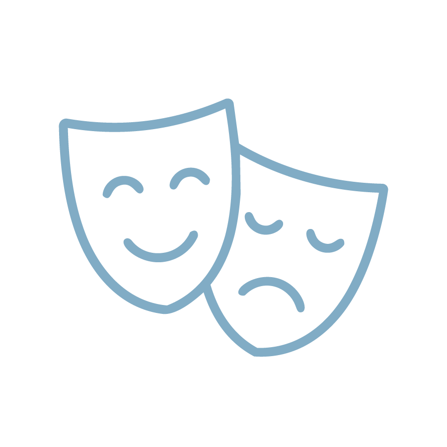 Line drawing of two theater masks, one smiling and one frowning, representing comedy and tragedy.