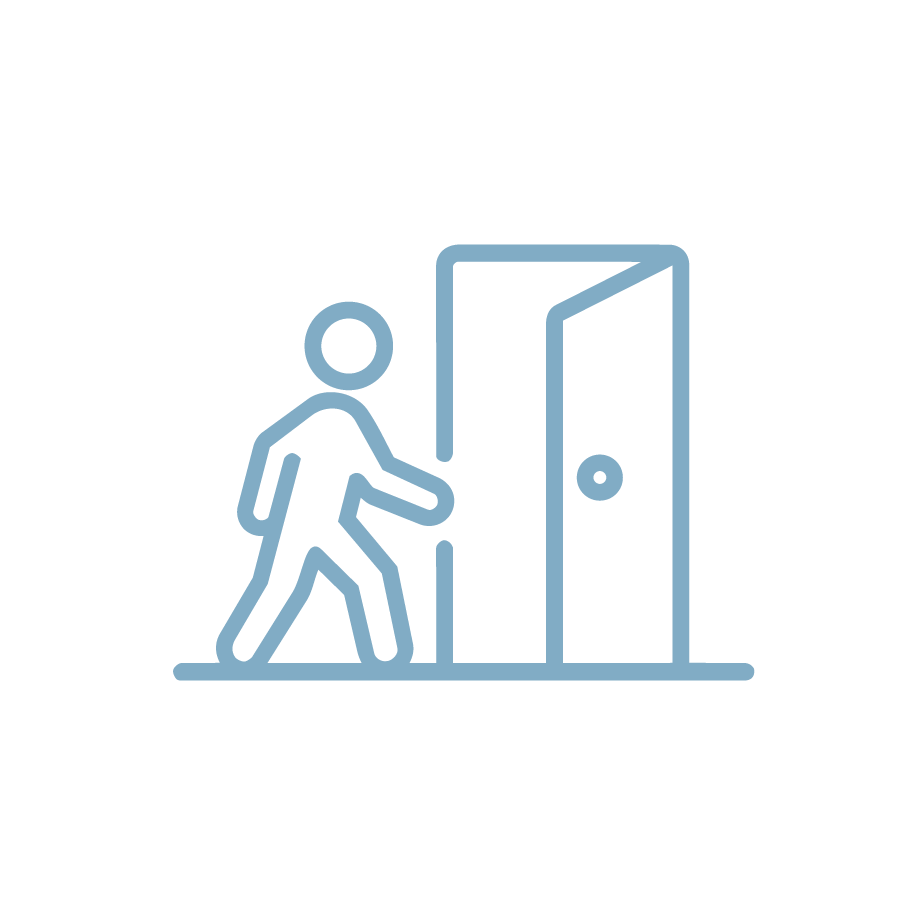 Line drawing of a person walking through an open door.