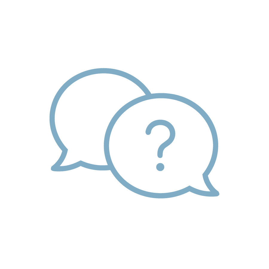 Two speech bubbles, one with a question mark, indicating conversation or questioning.
