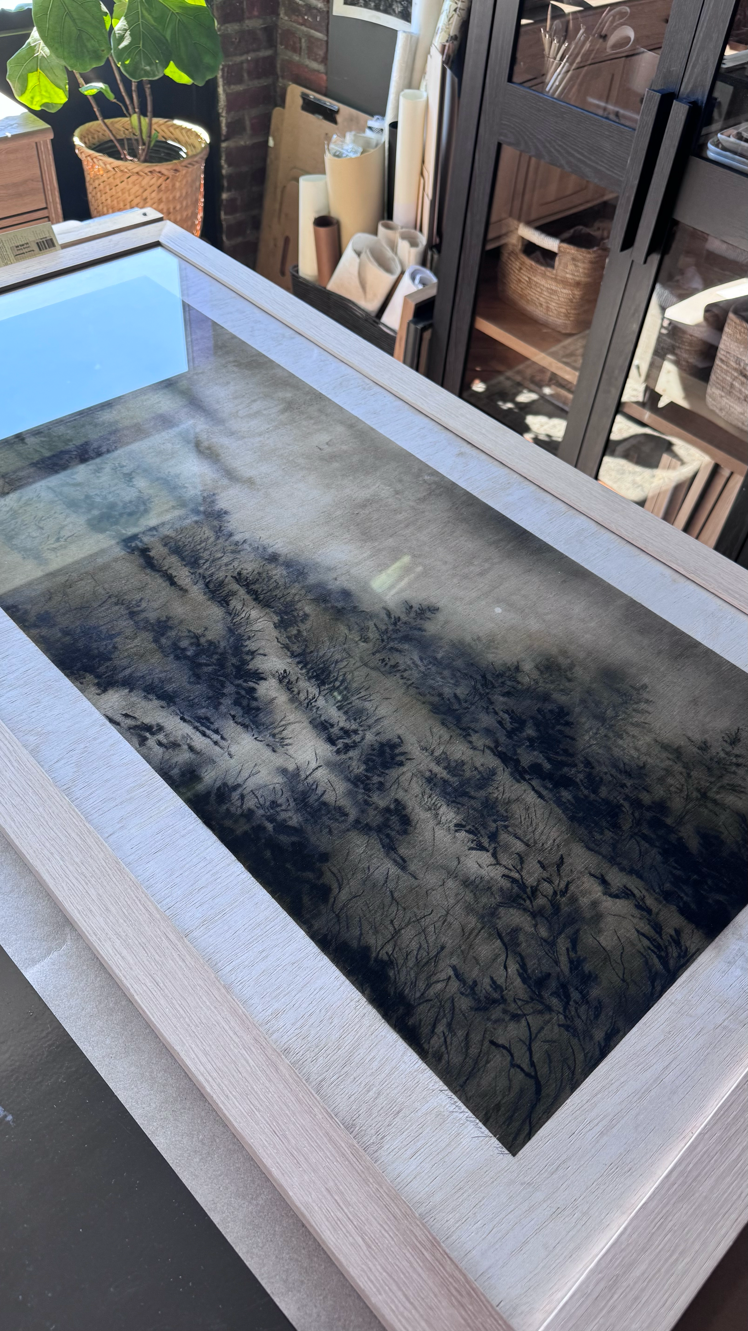 Original 24x48 charcoal and pastel on birch wood by Linsey Gray framed behind glass in custom oak frame